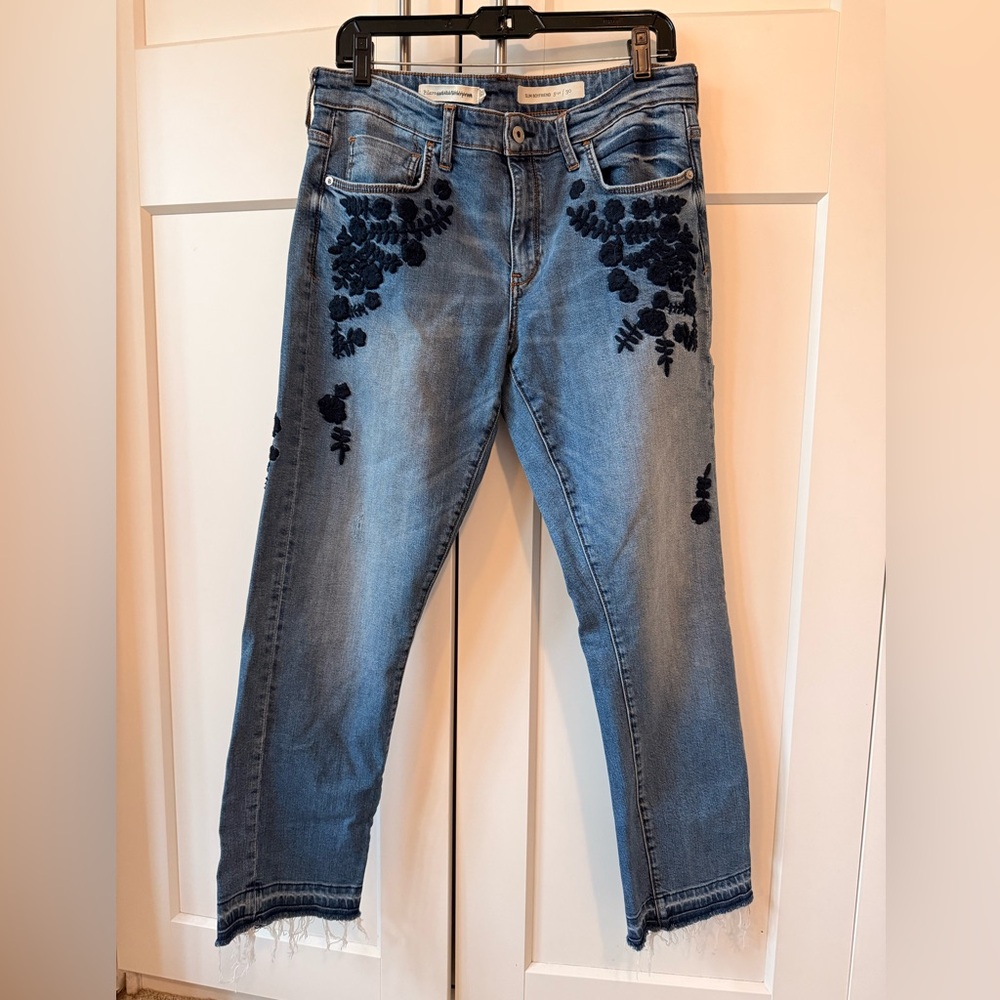 Pilcro Light Blue Denim Cropped Jeans with Navy Floral Embroidery